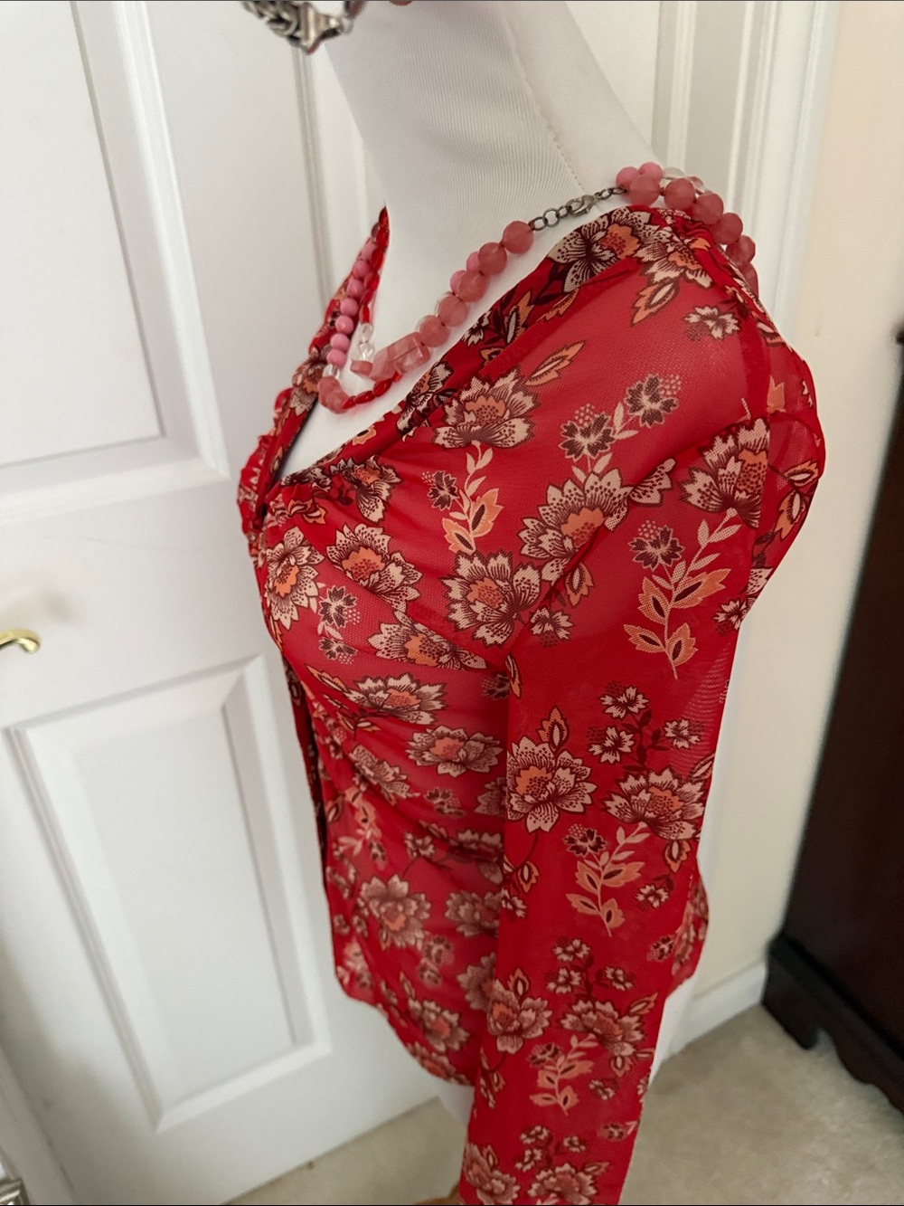 Sheer Red Floral Button-Front Women’s Top - Picture 2 of 4